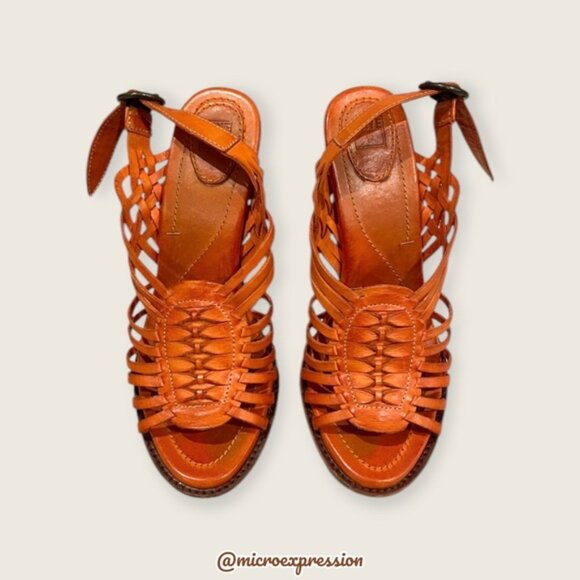 $329 Frye Joy Huarache Cognac Leather Sling Strappy Leather Sandal/Platform Heel - Picture 4 of 12